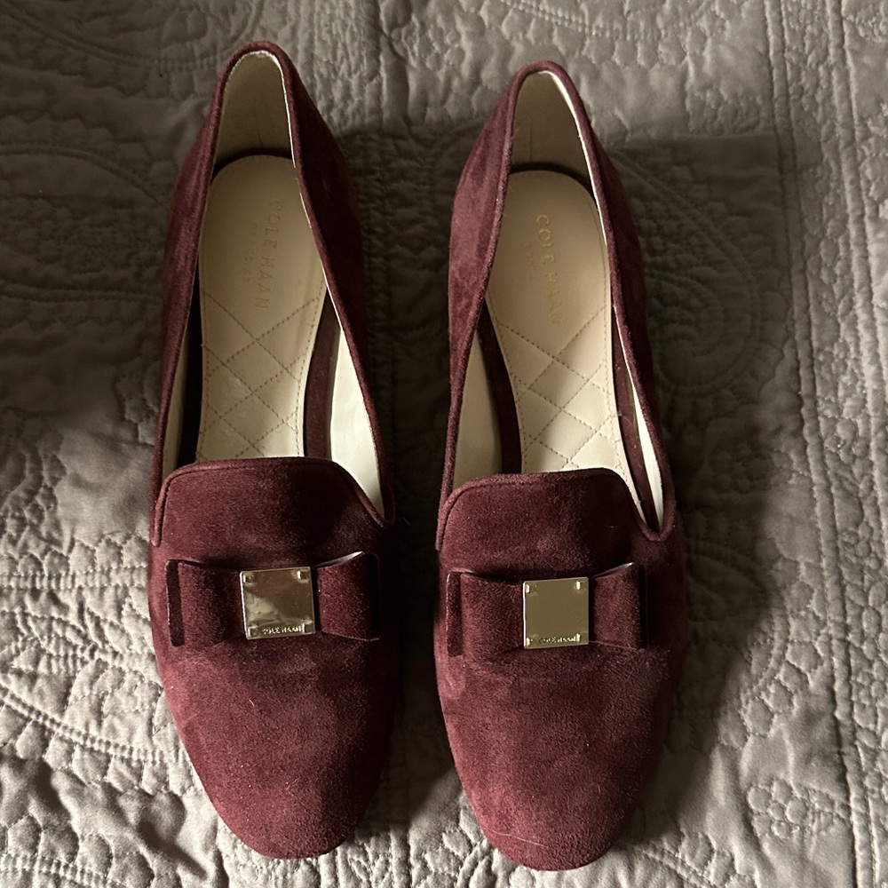 Cole Haan Burgundy Suede Loafers with Bow